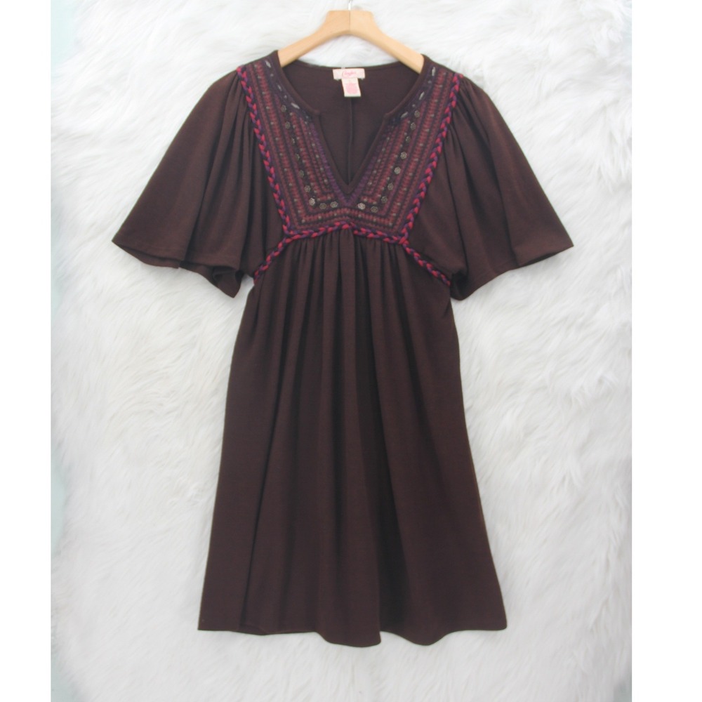 Candie's Y2K Babydoll Knit Dress Flare Sleeve Sz L Brown Beaded Vintage 90s Boho